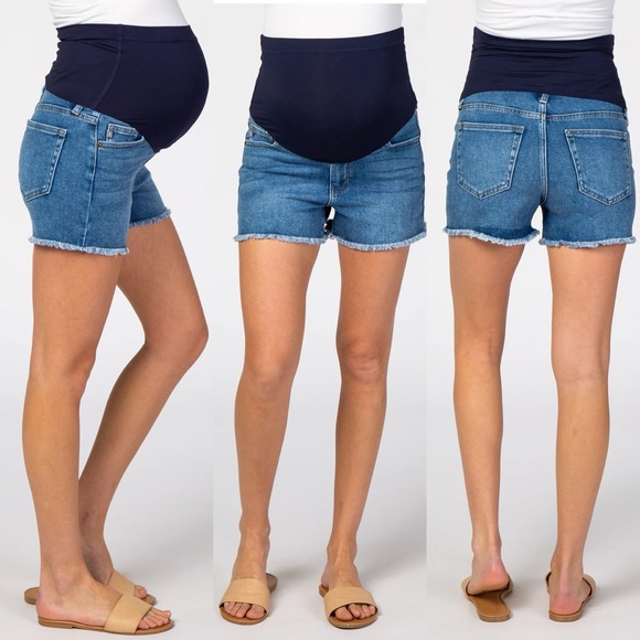 Pinkblush Medium Wash Fringe Hem Maternity Full Panel Denim Shorts - Picture 2 of 9